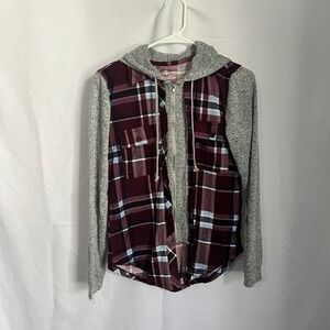 No Boundaries Womens Plaid Zip Up Hoodie Long Sleeve Top Maroon Gray M